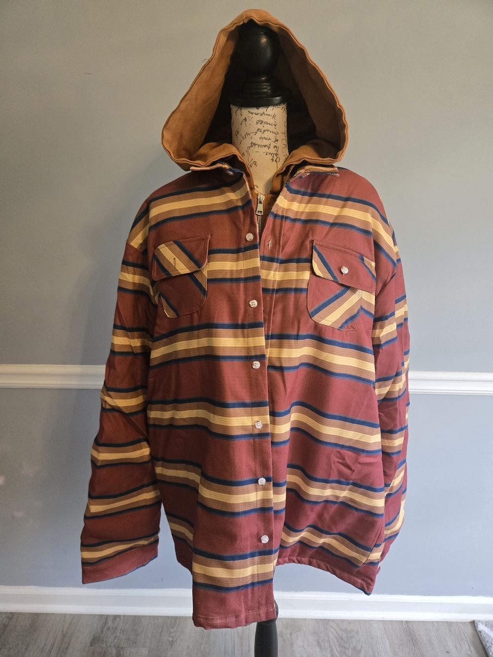 Men's Striped Hooded Jacket in Rust and Mustard